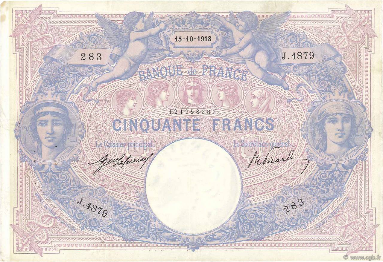 50 Francs BLEU ET ROSE FRANCE  1913 F.14.26 VF