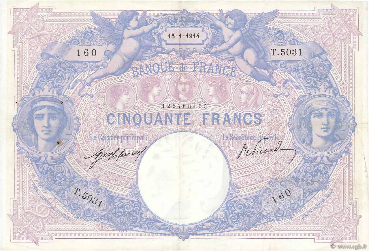 50 Francs BLEU ET ROSE FRANCE  1914 F.14.27 VF+