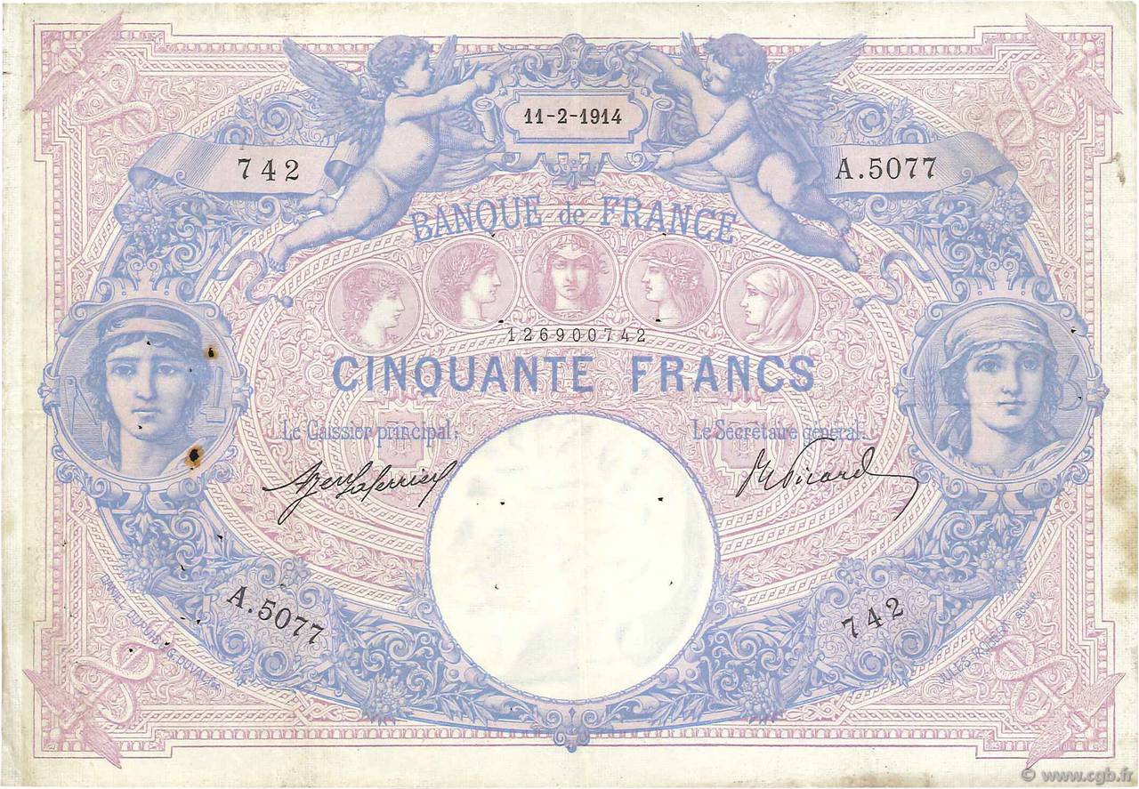 50 Francs BLEU ET ROSE FRANCE  1914 F.14.27 VF