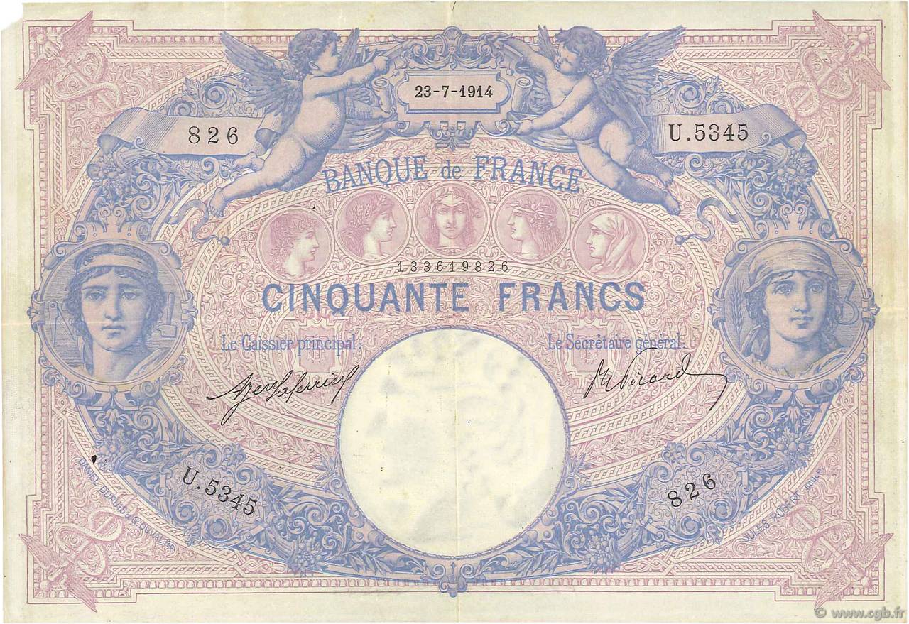 50 Francs BLEU ET ROSE FRANCE  1914 F.14.27 VF-