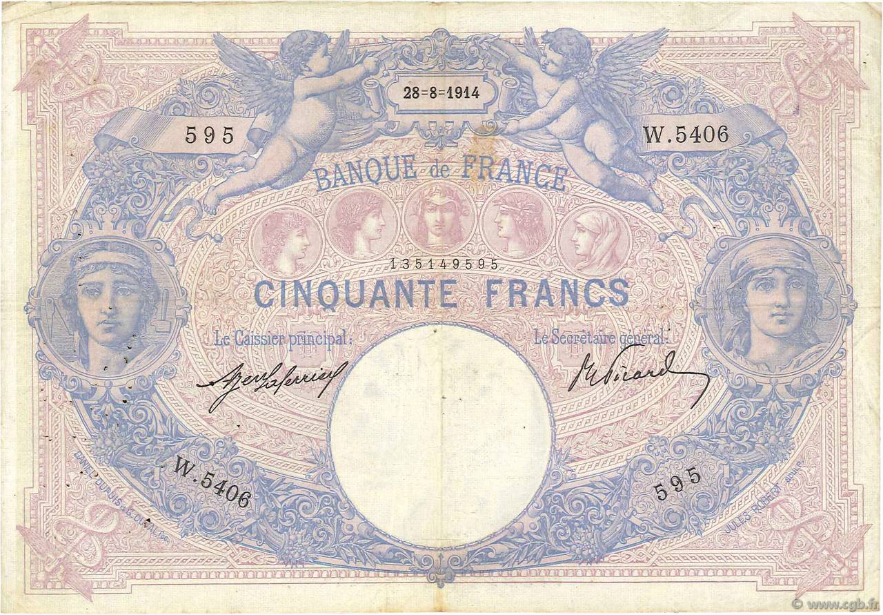 50 Francs BLEU ET ROSE FRANKREICH  1914 F.14.27 fSS