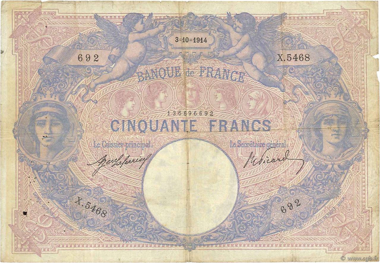 50 Francs BLEU ET ROSE FRANCE  1914 F.14.27 G