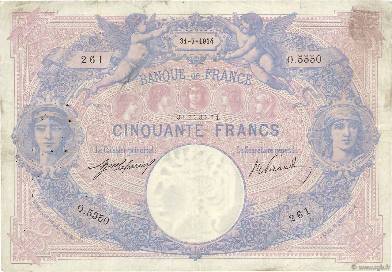 50 Francs BLEU ET ROSE FRANKREICH  1914 F.14.27 fSS