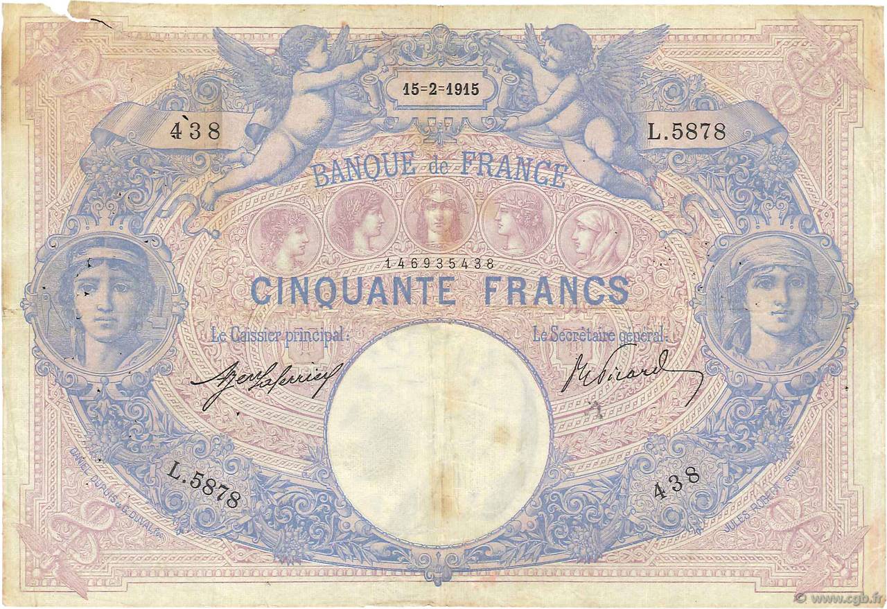50 Francs BLEU ET ROSE FRANCE  1915 F.14.28 pr.TB