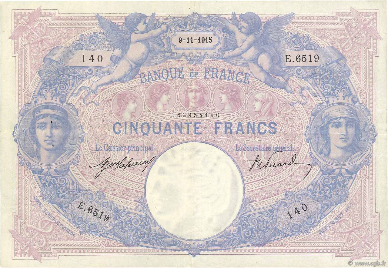 50 Francs BLEU ET ROSE FRANCE  1915 F.14.28 VF+