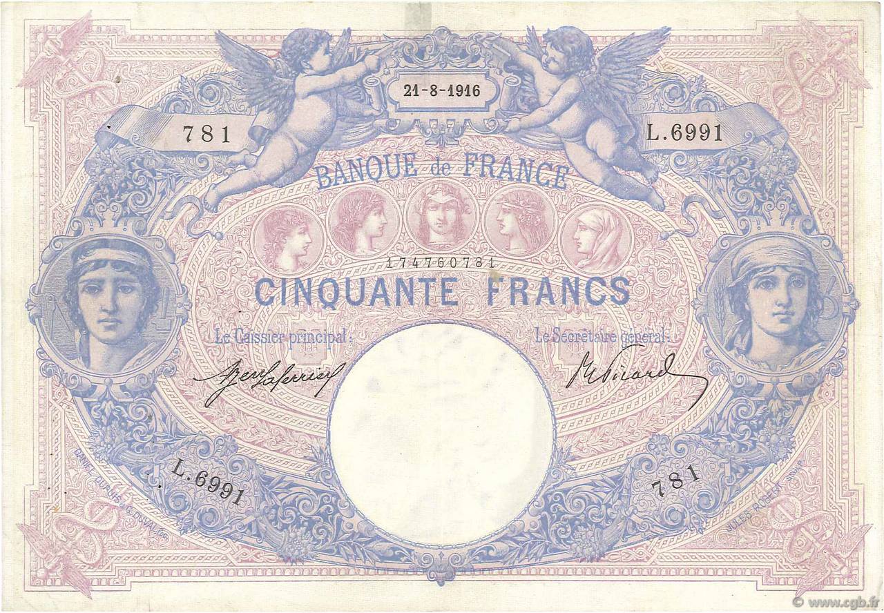 50 Francs BLEU ET ROSE FRANCIA  1916 F.14.29 MBC