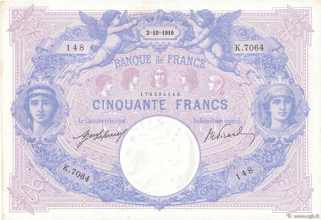 50 Francs BLEU ET ROSE FRANKREICH  1916 F.14.29 fVZ