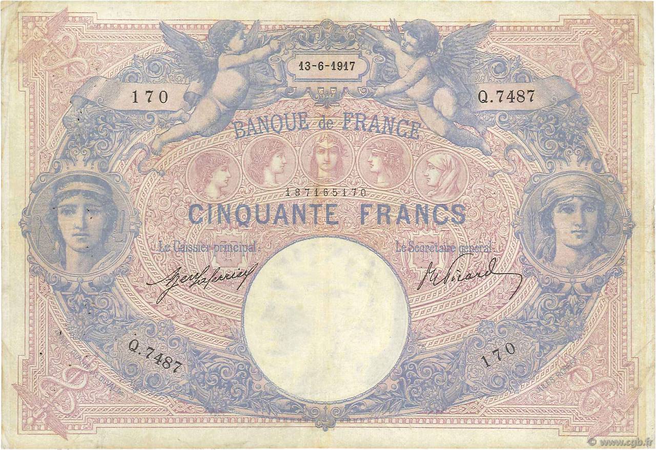 50 Francs BLEU ET ROSE FRANCIA  1917 F.14.30 q.BB