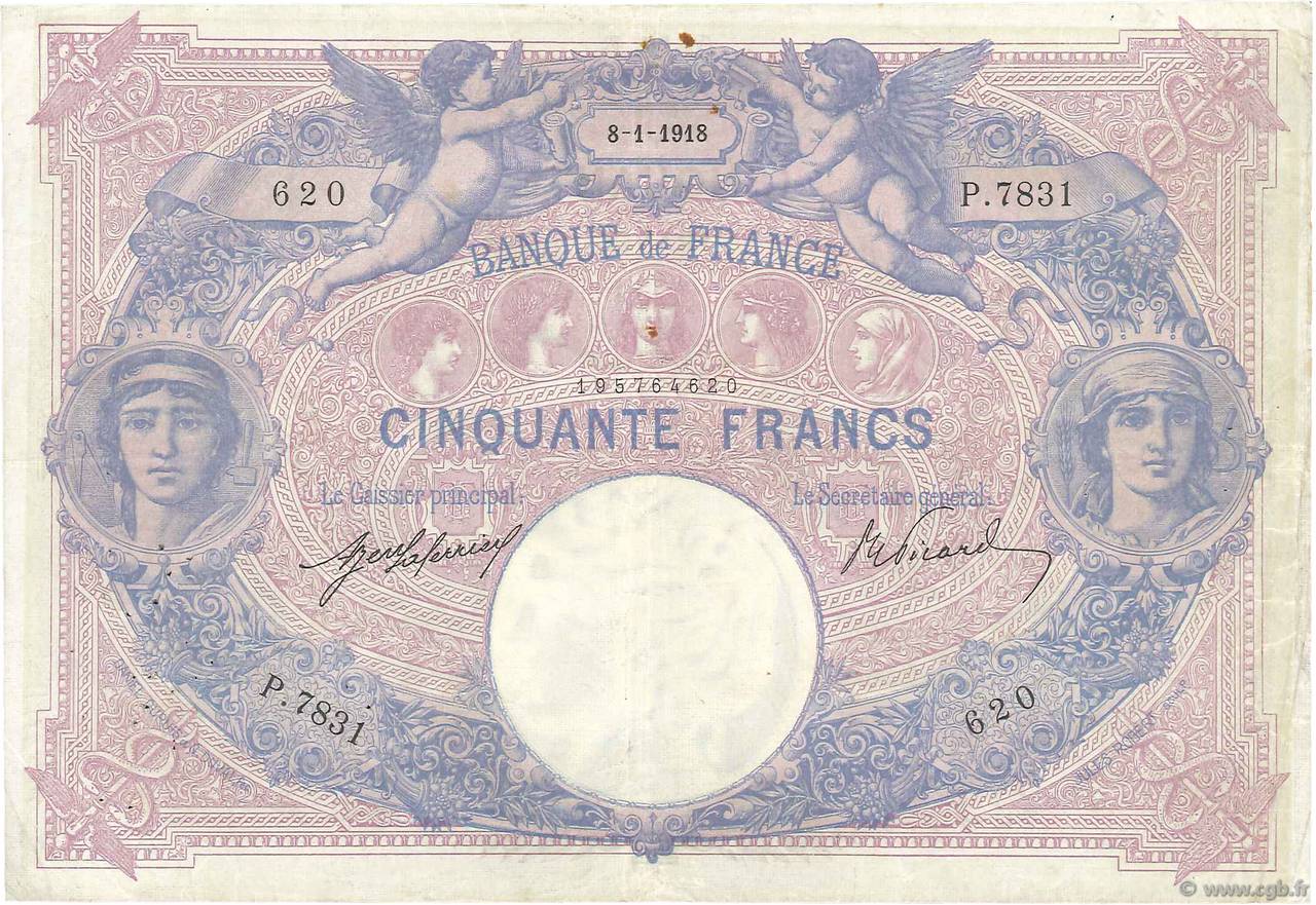 50 Francs BLEU ET ROSE FRANKREICH  1918 F.14.31 SS