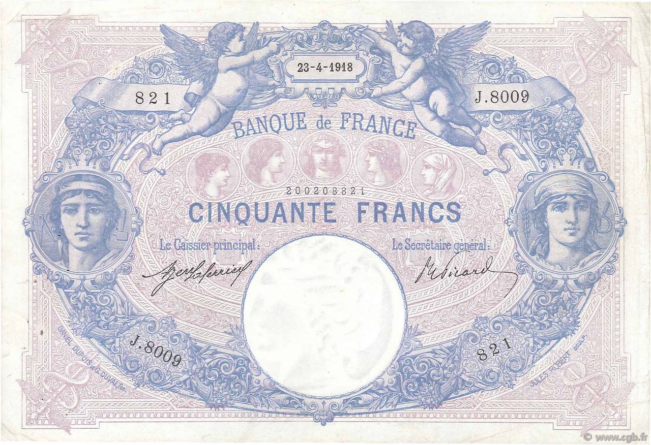 50 Francs BLEU ET ROSE FRANCIA  1918 F.14.31 MBC