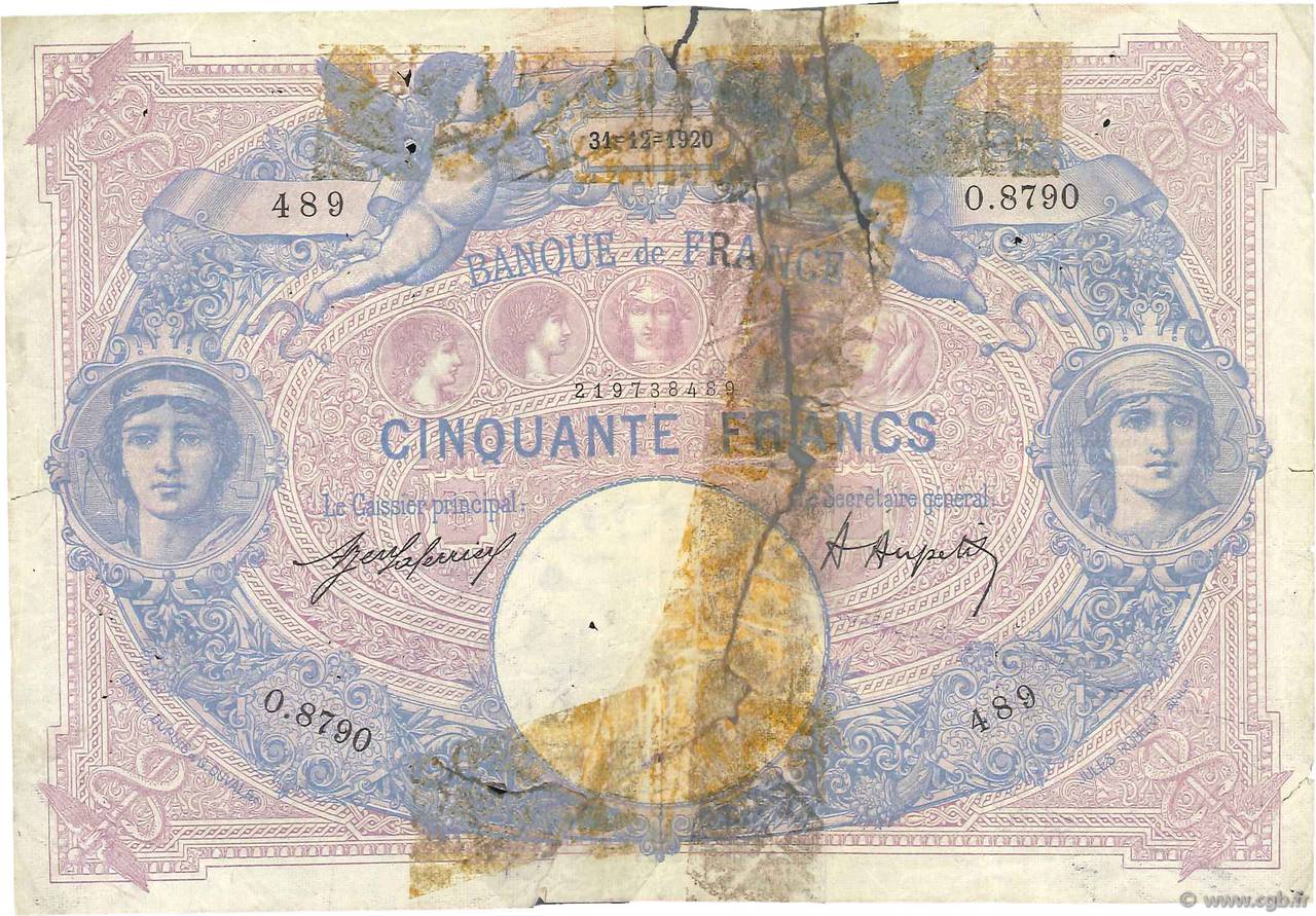 50 Francs BLEU ET ROSE FRANCE  1920 F.14.33 AB
