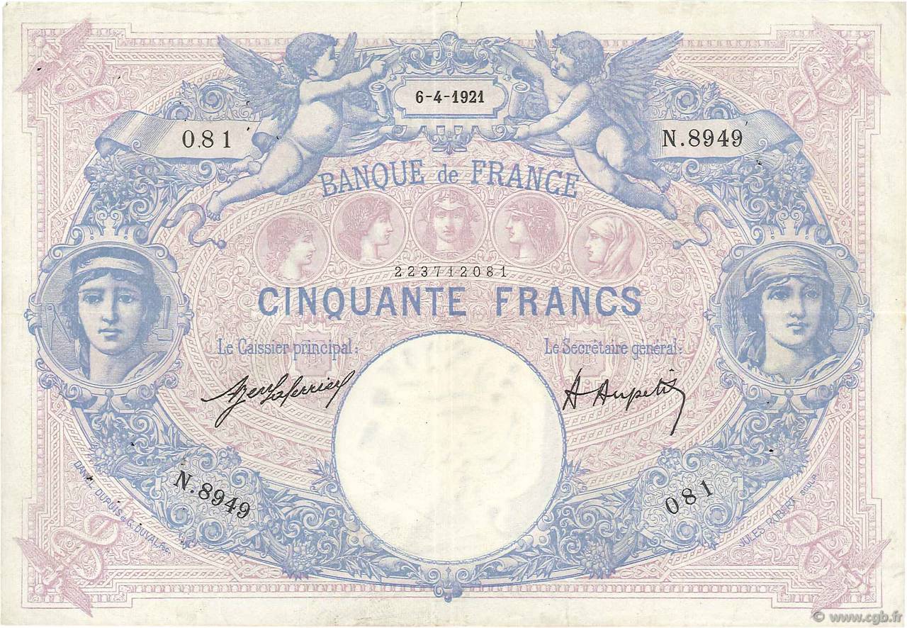 50 Francs BLEU ET ROSE FRANCE  1921 F.14.34 TTB