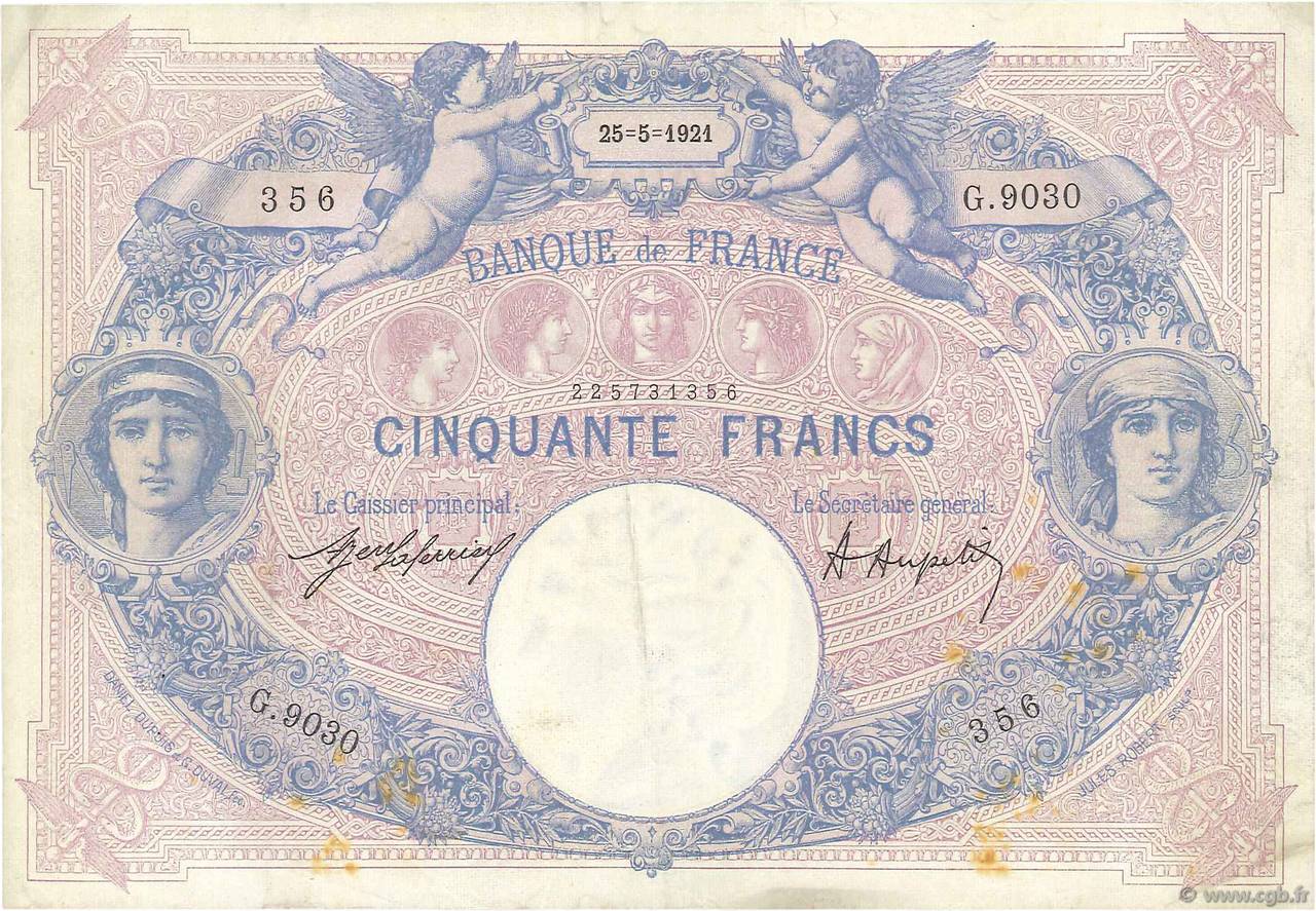 50 Francs BLEU ET ROSE FRANCIA  1921 F.14.34 BB