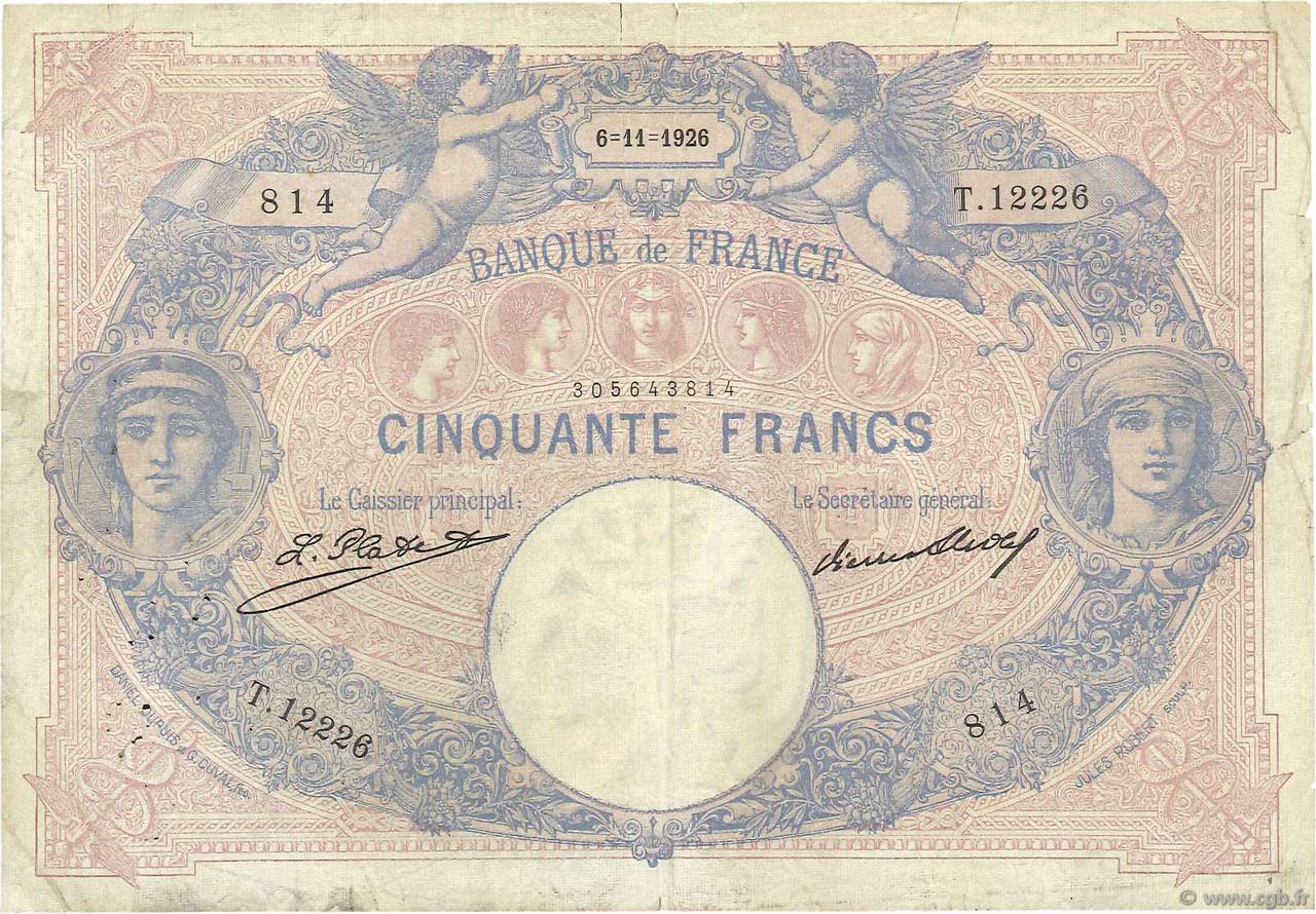 50 Francs BLEU ET ROSE FRANCIA  1926 F.14.39 B