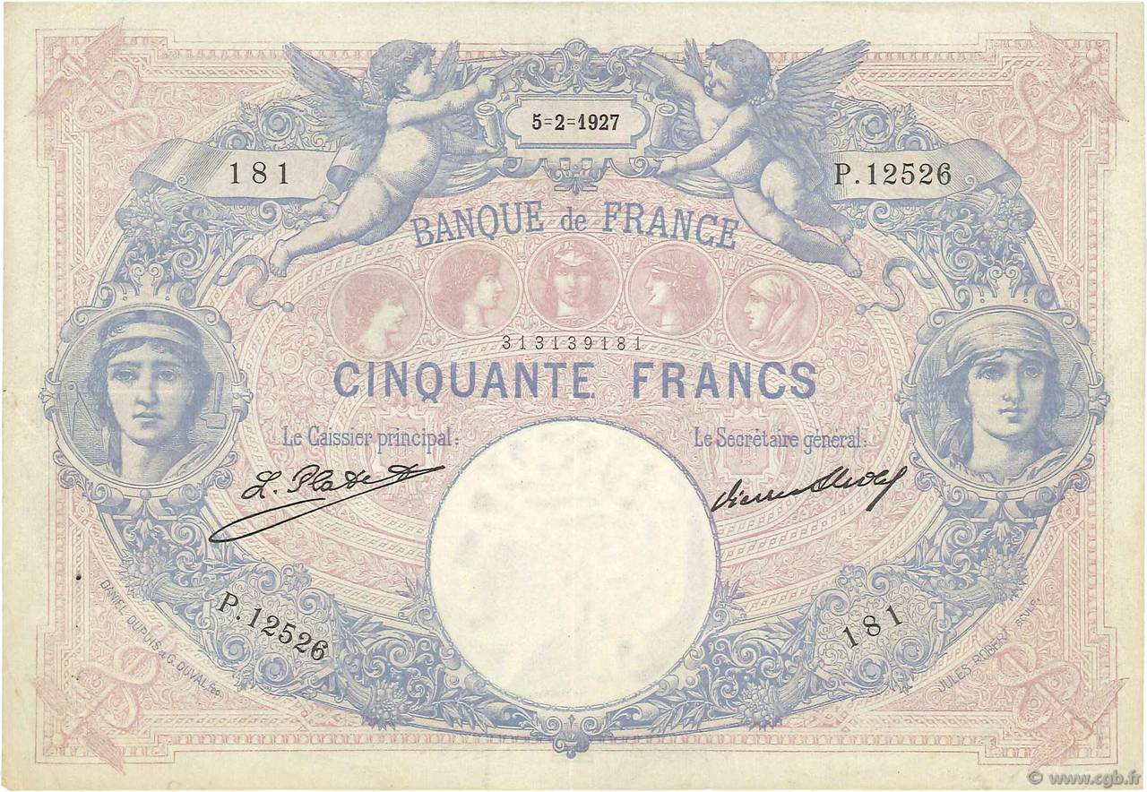 50 Francs BLEU ET ROSE FRANCIA  1927 F.14.40 MBC
