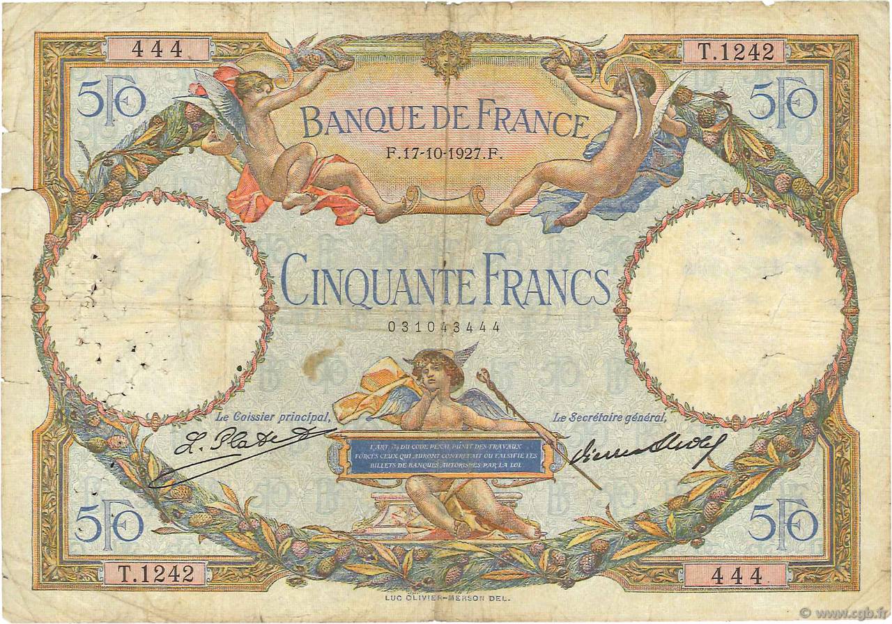 50 Francs LUC OLIVIER MERSON FRANCIA  1927 F.15.01 B