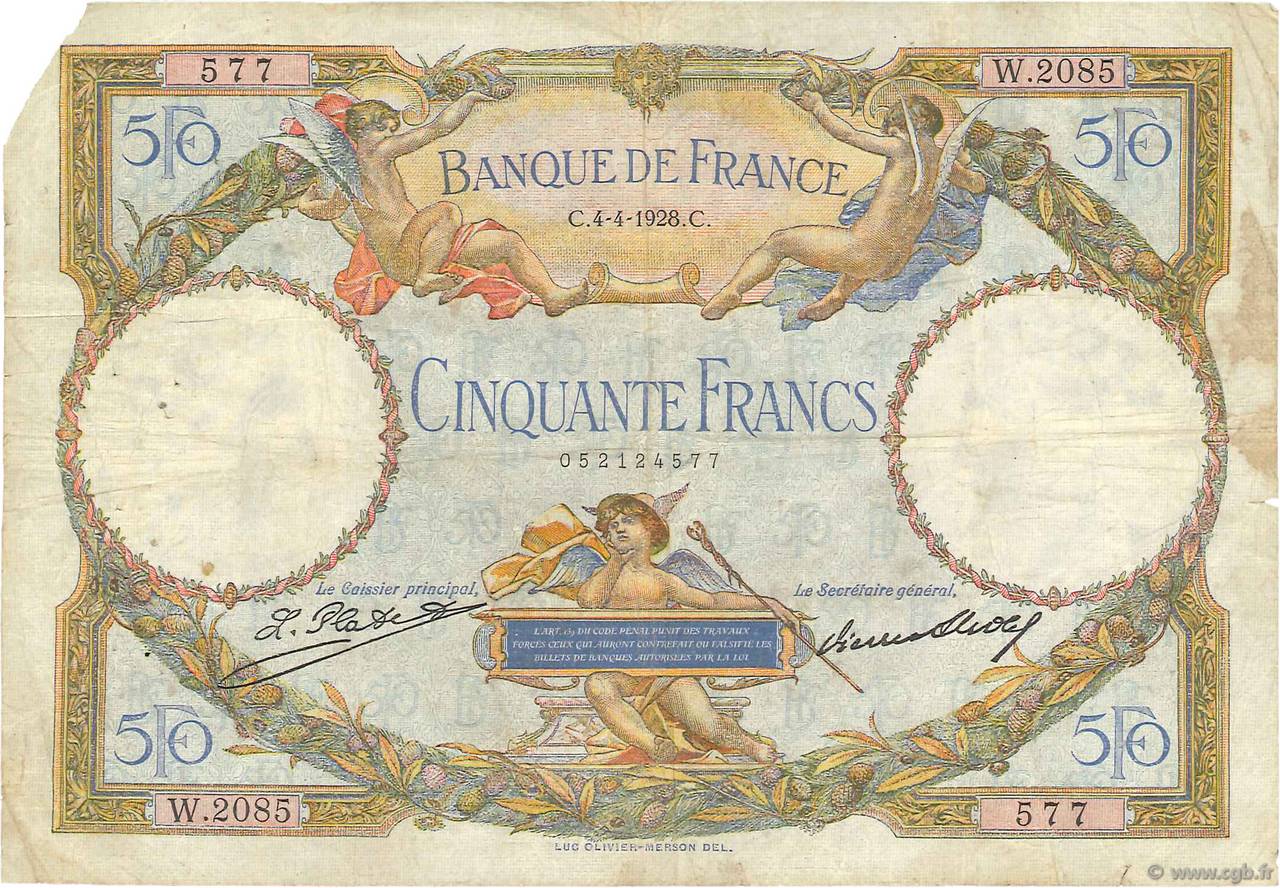 50 Francs LUC OLIVIER MERSON FRANCIA  1928 F.15.02 q.MB