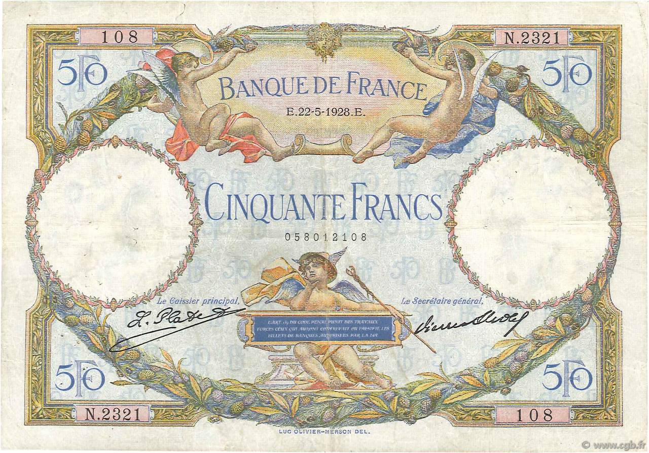 50 Francs LUC OLIVIER MERSON FRANCIA  1928 F.15.02 MB