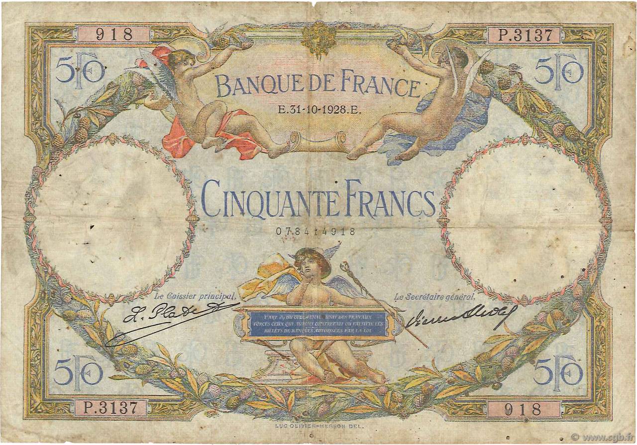 50 Francs LUC OLIVIER MERSON FRANCE  1928 F.15.02 B