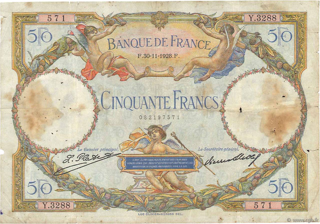 50 Francs LUC OLIVIER MERSON FRANCIA  1928 F.15.02 q.B