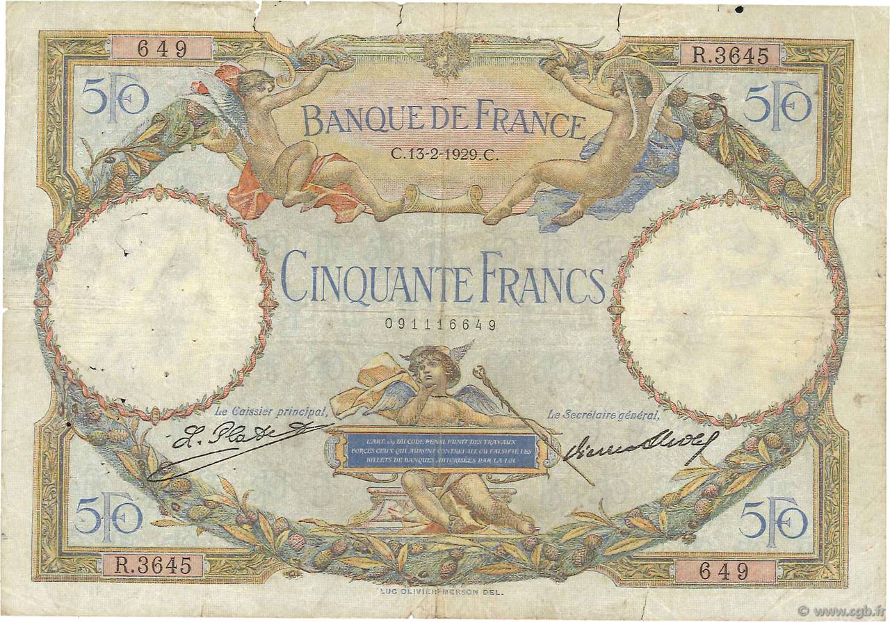 50 Francs LUC OLIVIER MERSON FRANCE  1929 F.15.03 VG