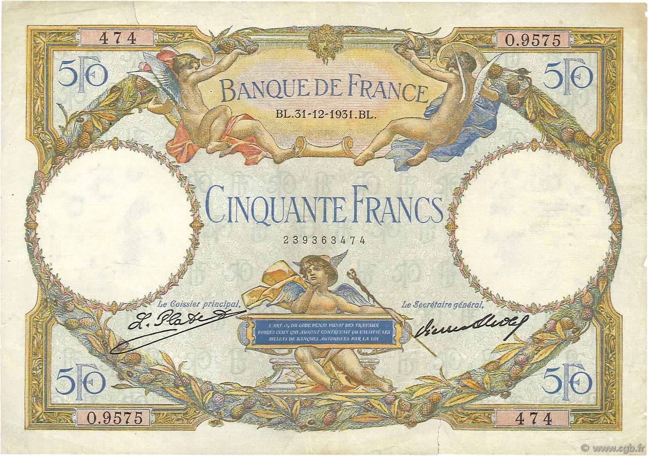 50 Francs LUC OLIVIER MERSON type modifié FRANCIA  1931 F.16.02 q.BB