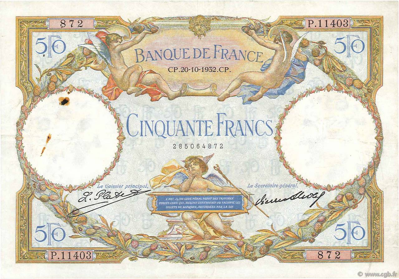 50 Francs LUC OLIVIER MERSON type modifié FRANKREICH  1932 F.16.03 SS