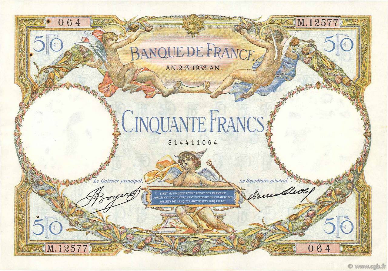 50 Francs LUC OLIVIER MERSON type modifié FRANKREICH  1933 F.16.04 fVZ