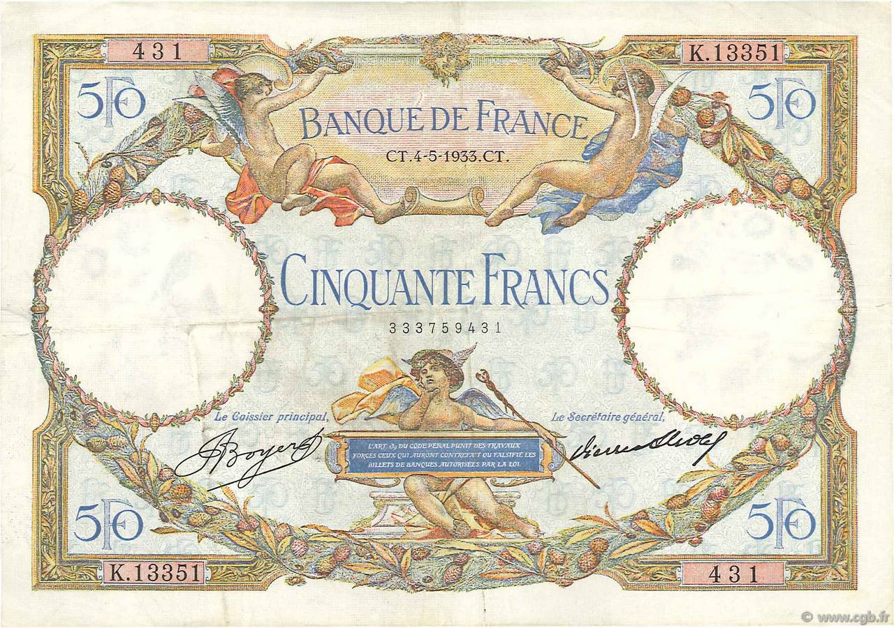 50 Francs LUC OLIVIER MERSON type modifié FRANCIA  1933 F.16.04 BB