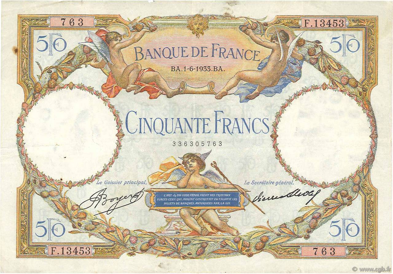 50 Francs LUC OLIVIER MERSON type modifié FRANCIA  1933 F.16.04 MBC
