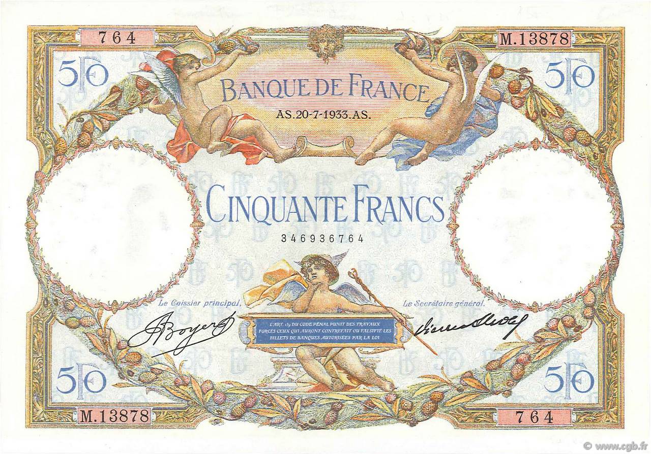 50 Francs LUC OLIVIER MERSON type modifié FRANCE  1933 F.16.04 SUP