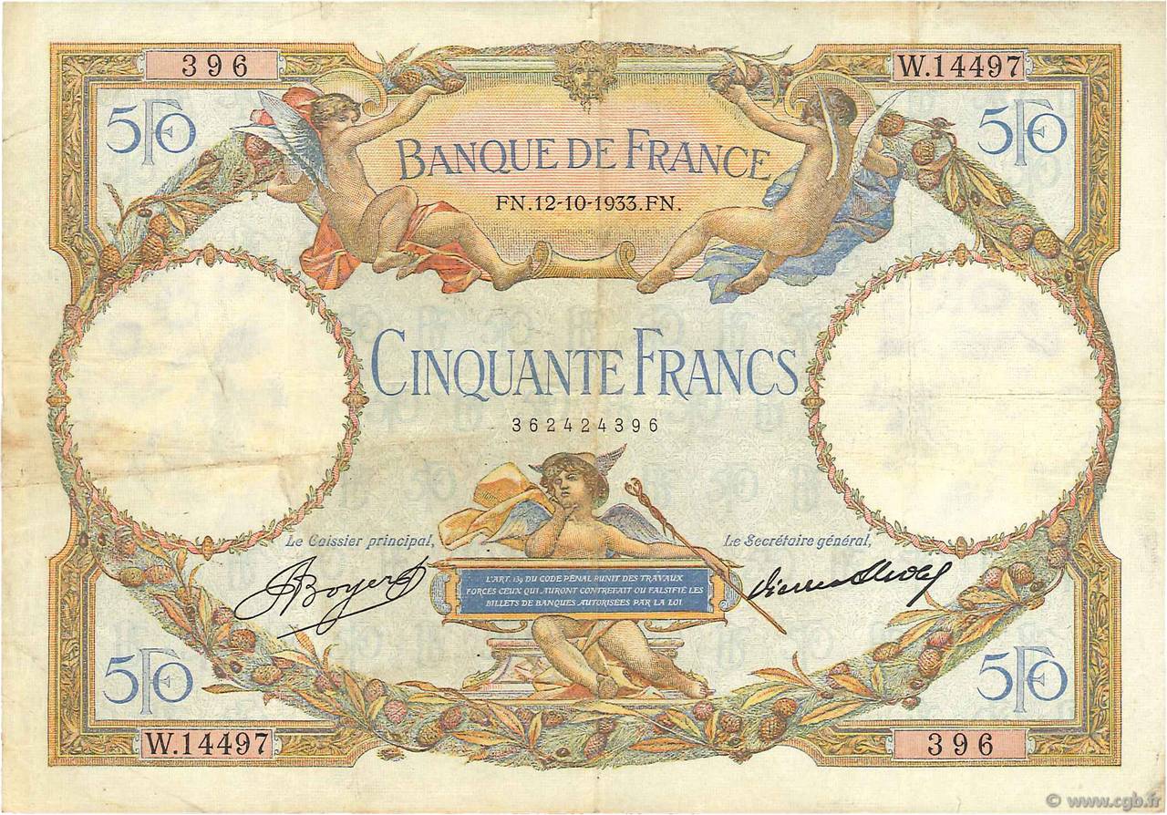 50 Francs LUC OLIVIER MERSON type modifié FRANCIA  1933 F.16.04 q.BB