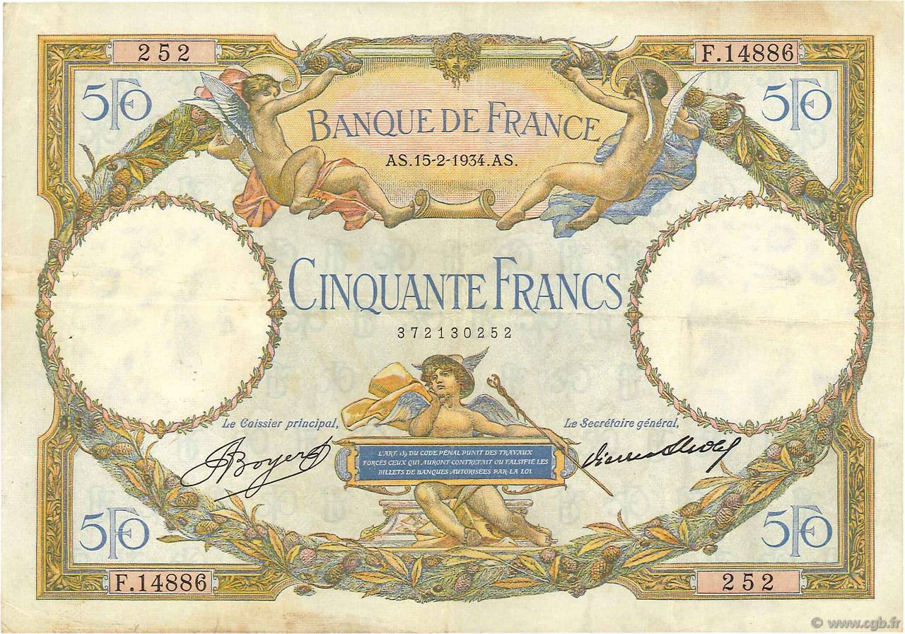 50 Francs LUC OLIVIER MERSON type modifié FRANCIA  1934 F.16.05 BB