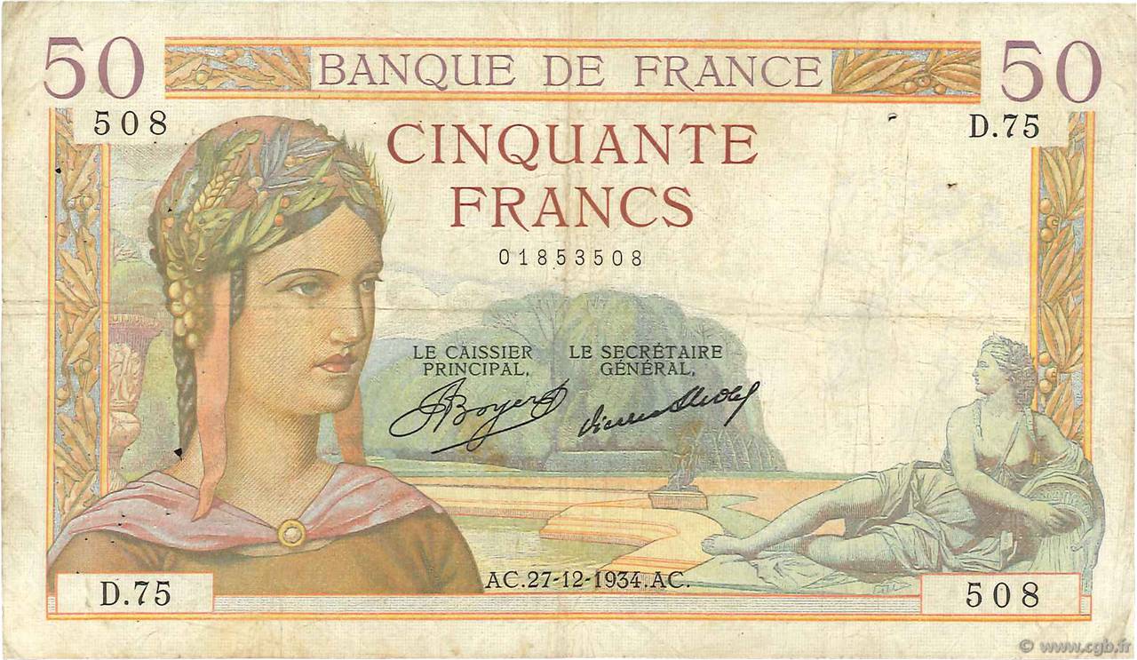 50 Francs CÉRÈS FRANKREICH  1934 F.17.02 fS