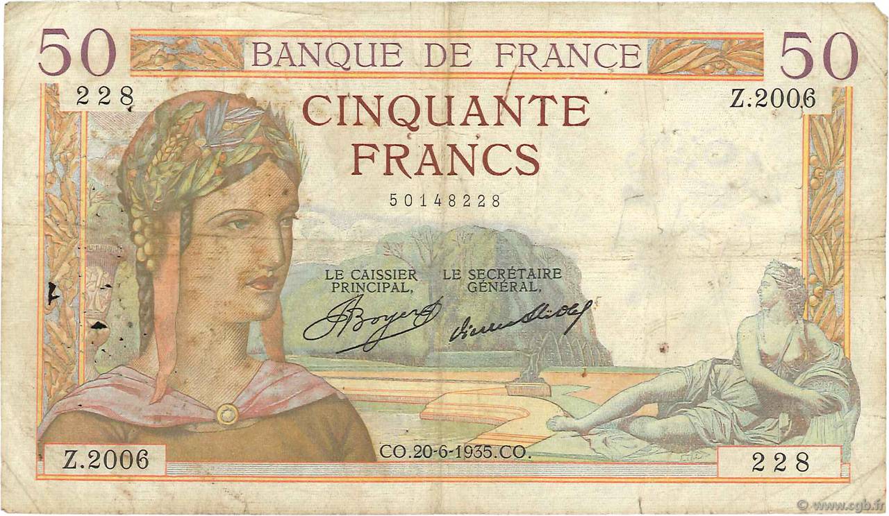 50 Francs CÉRÈS FRANKREICH  1935 F.17.11 SGE