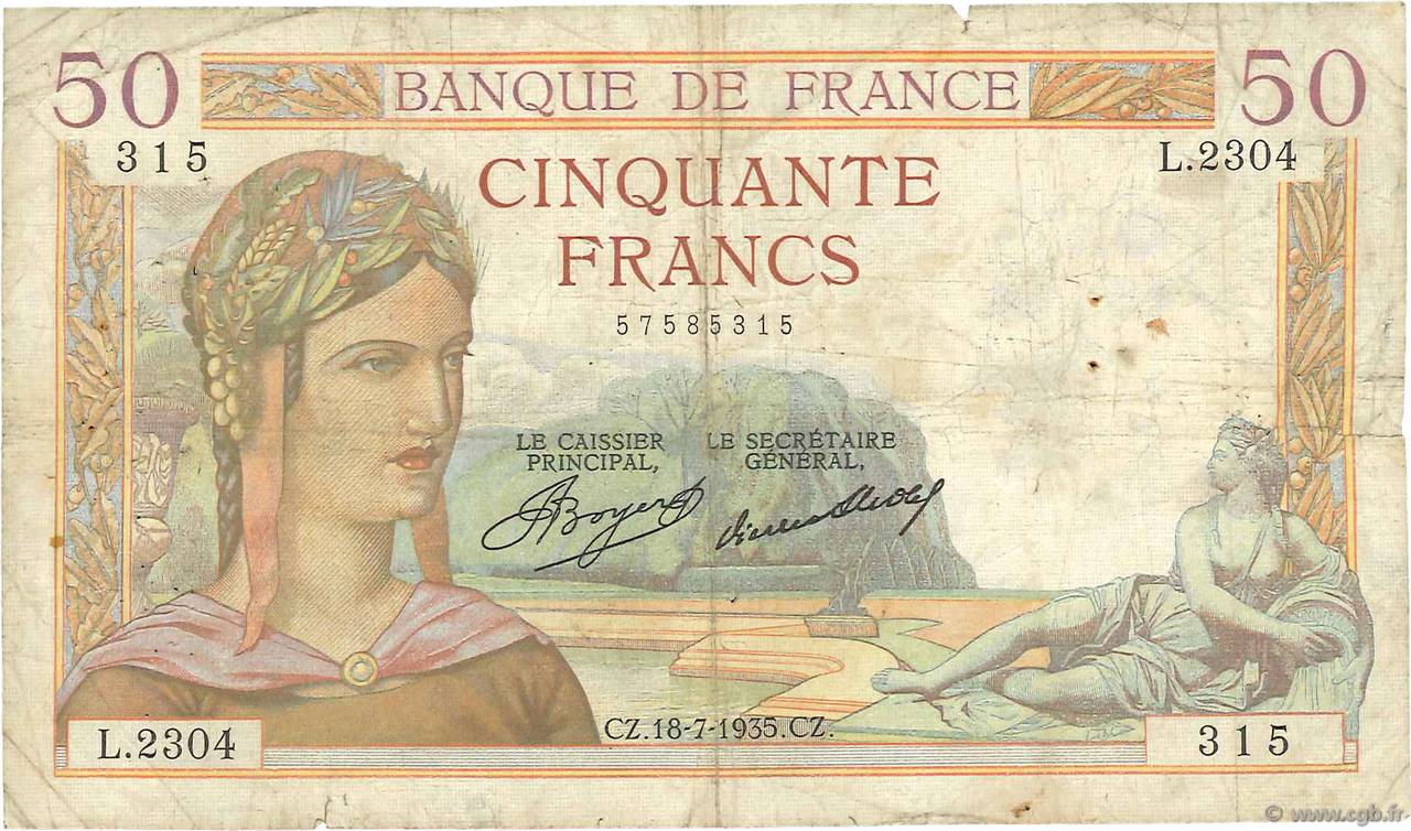 50 Francs CÉRÈS FRANKREICH  1935 F.17.13 SGE