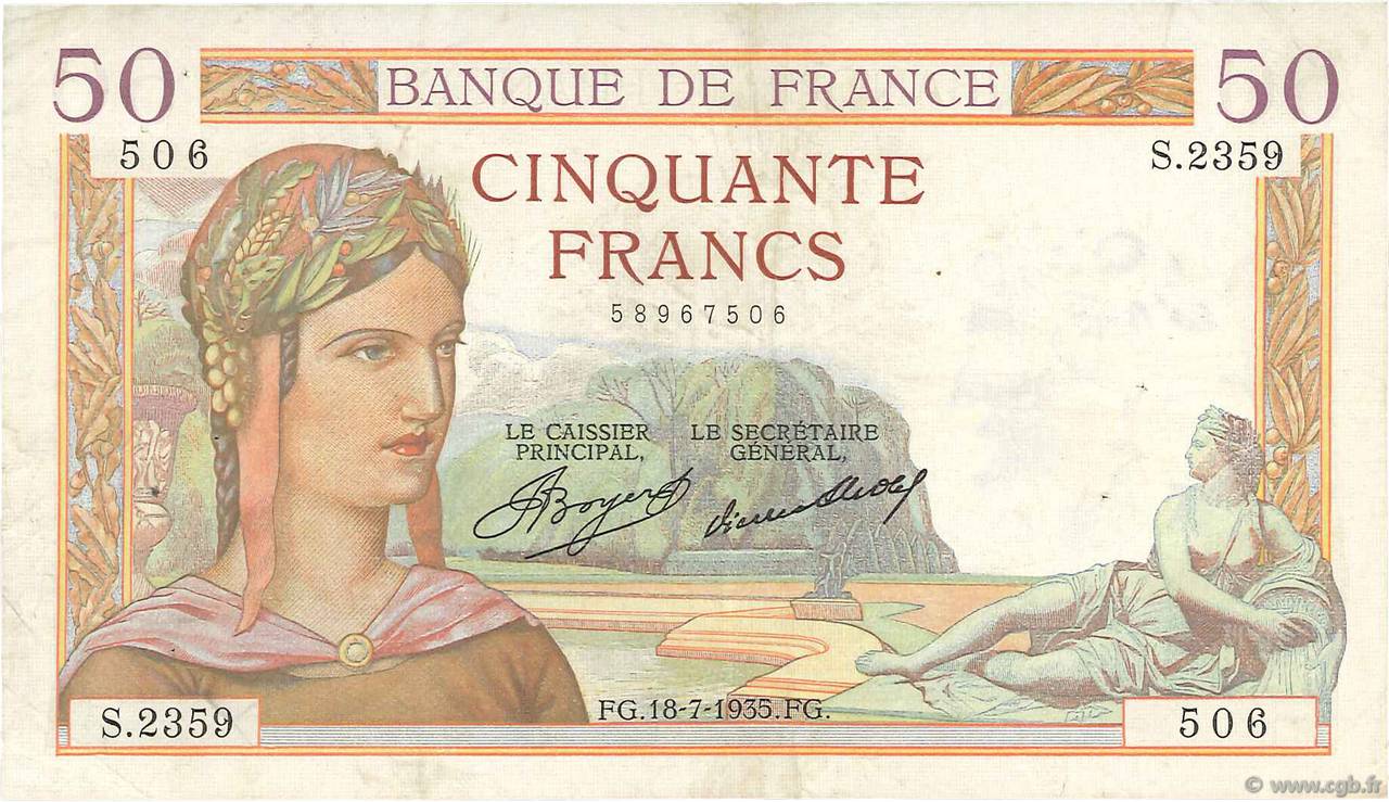 50 Francs CÉRÈS FRANCIA  1935 F.17.13 q.BB