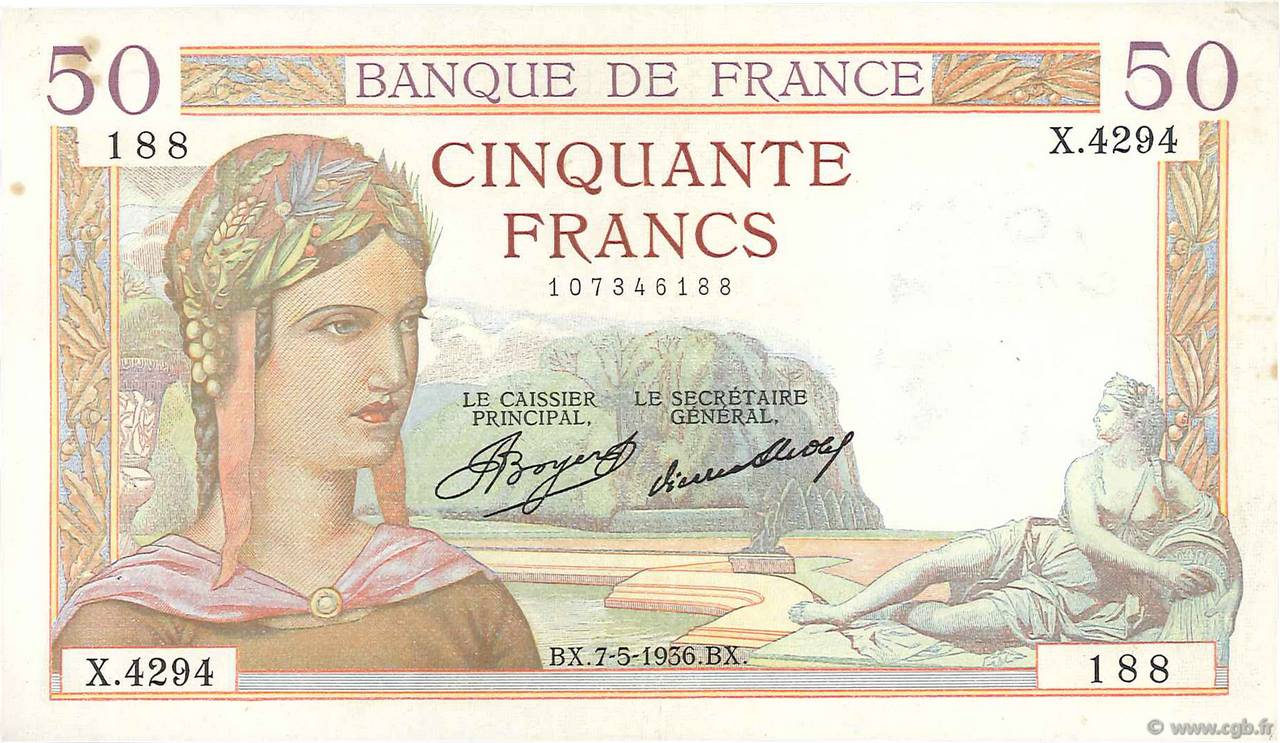 50 Francs CÉRÈS FRANCE  1936 F.17.25 SUP