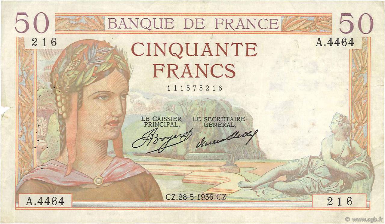 50 Francs CÉRÈS FRANKREICH  1936 F.17.26 fSS