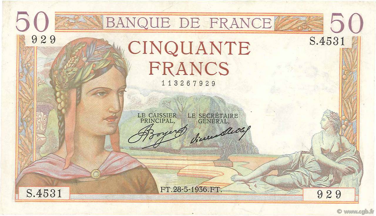 50 Francs CÉRÈS FRANKREICH  1936 F.17.26 SS