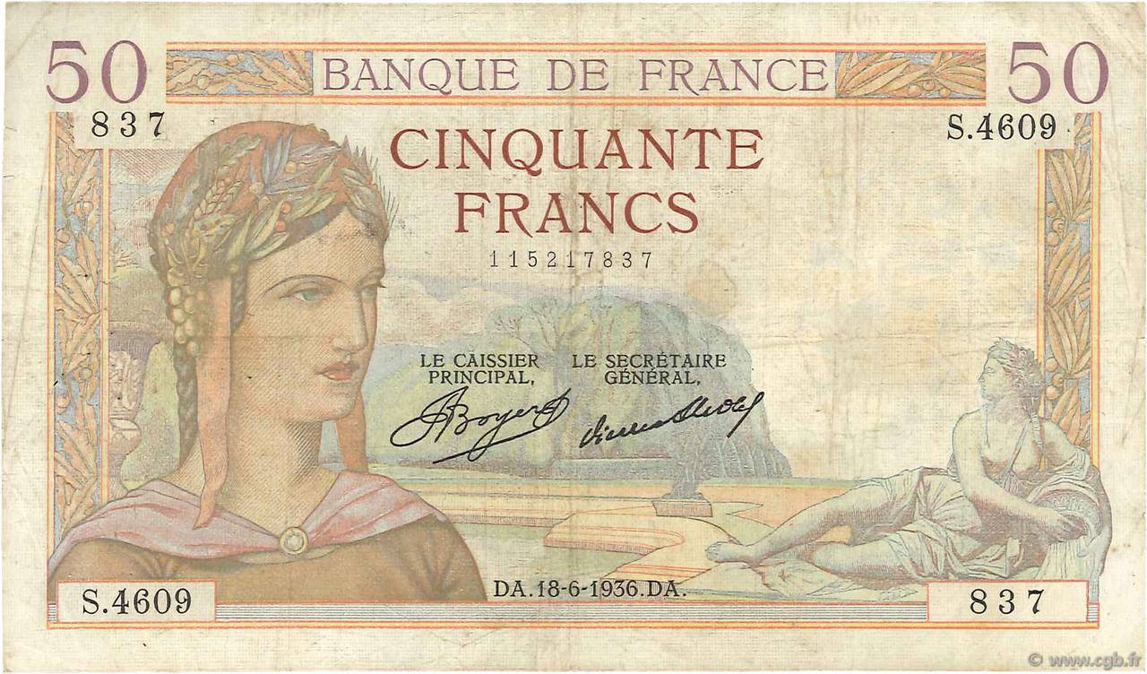 50 Francs CÉRÈS FRANKREICH  1936 F.17.27 S