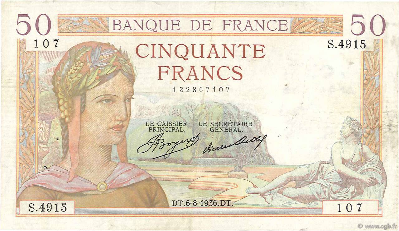 50 Francs CÉRÈS FRANCIA  1936 F.17.29 BB