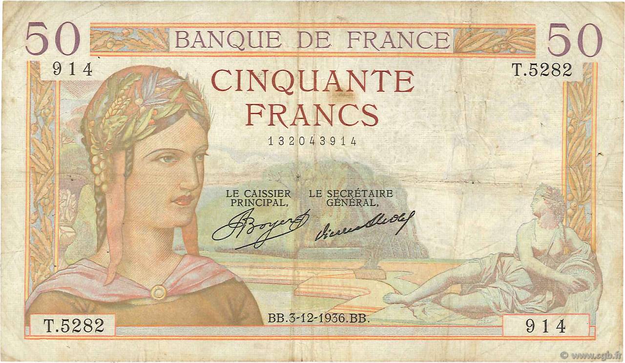 50 Francs CÉRÈS FRANCIA  1936 F.17.32 q.MB