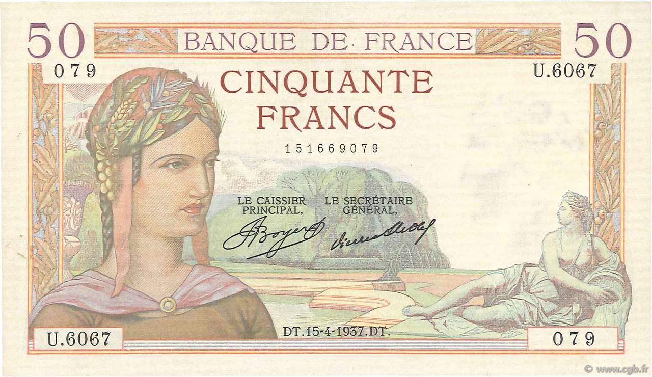 50 Francs CÉRÈS FRANCIA  1937 F.17.37 BB