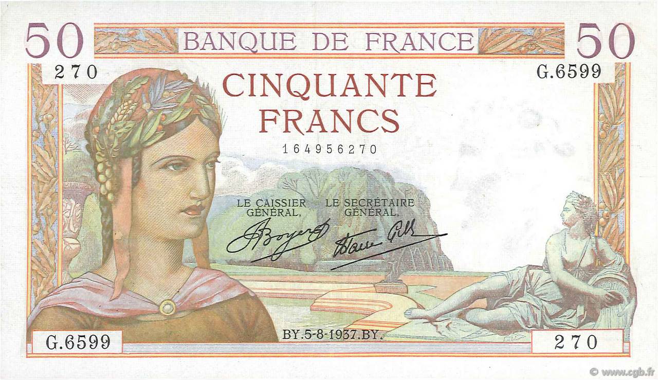 50 Francs CÉRÈS modifié FRANCE  1937 F.18.01 VF-