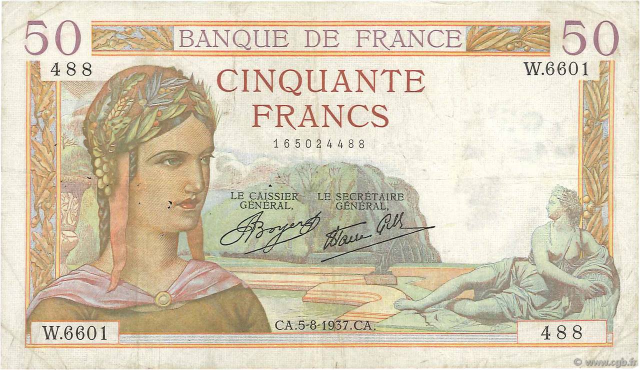 50 Francs CÉRÈS modifié FRANKREICH  1937 F.18.01 S