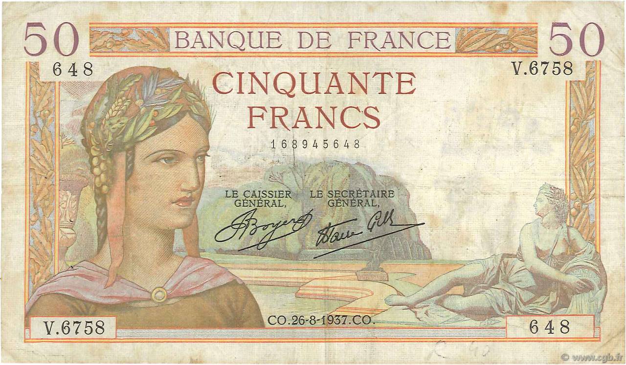 50 Francs CÉRÈS modifié FRANCE  1937 F.18.02 F