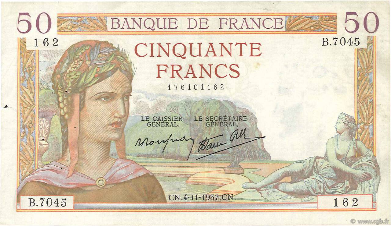 50 Francs CÉRÈS modifié FRANKREICH  1937 F.18.04 SS