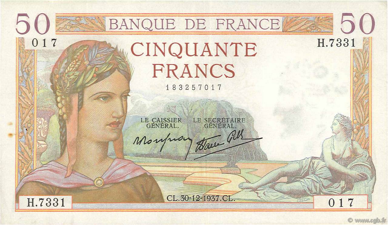 50 Francs CÉRÈS modifié FRANCIA  1937 F.18.06 q.SPL