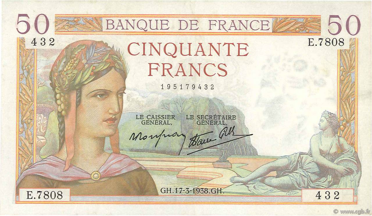 50 Francs CÉRÈS modifié FRANCE  1938 F.18.10 XF